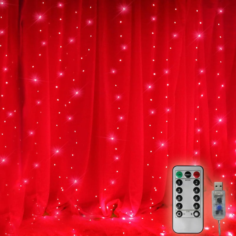 Vicila 300 LED Curtain Christmas String Lights, Backdrop Fairy Lights With Remote Control USB Power 8 Lighting Modes Window Red Lights for Bedroom, Home, Xmas, Valentines Day Decor - 9.8ft x 9.8ft - Image 1
